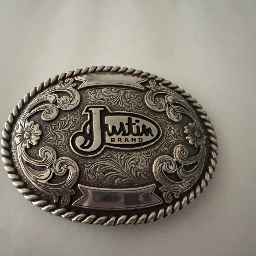 Justin Boots Brand Silver tone Western Filigree Award Scroll Belt Buckle Cowboy‎